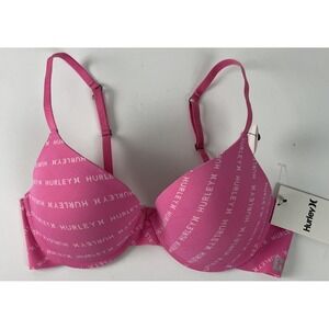 Hurley Womens Bra Size 36C Push Up Foam Cups Underwire Laser Wings Logo Pink E26